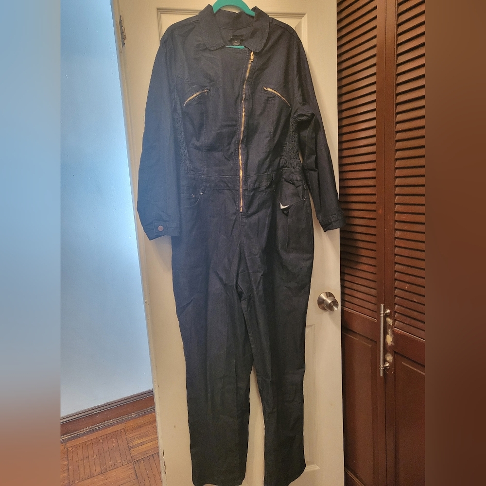 Ashley Stewart Denim Jumpsuit with Gold Zippers